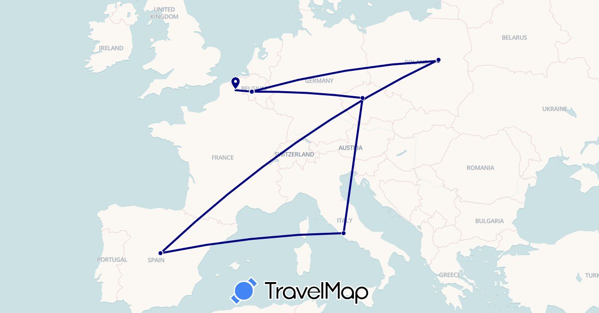 TravelMap itinerary: driving in Belgium, Czech Republic, Spain, France, Italy, Poland (Europe)